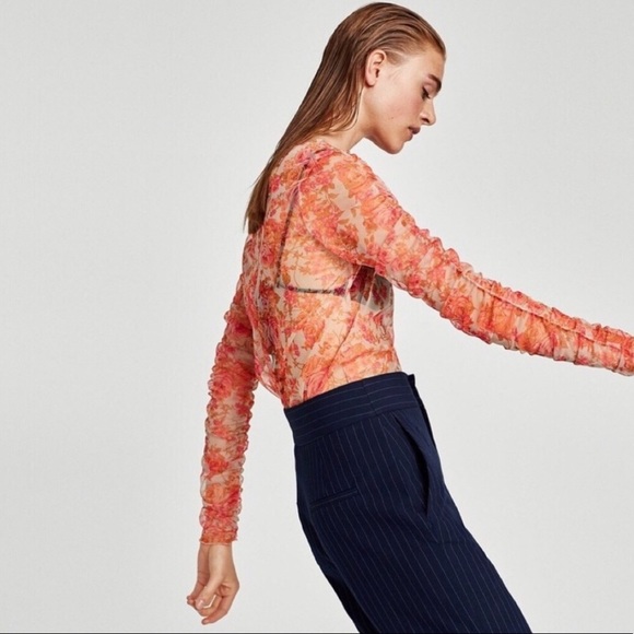 Zara | Tops | Zara Sheer Ruched Floral 